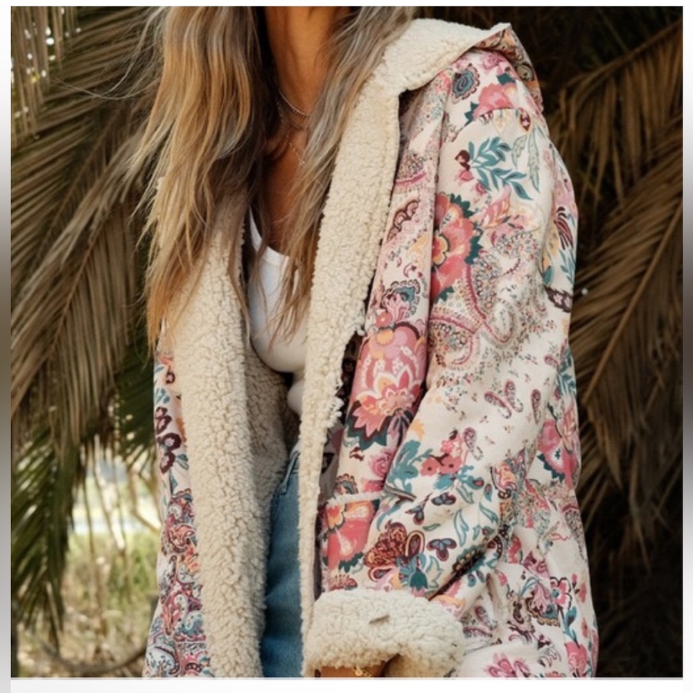 Flower cardigan hoodie sweater pocket Floral Sherpa-Lined Jacket